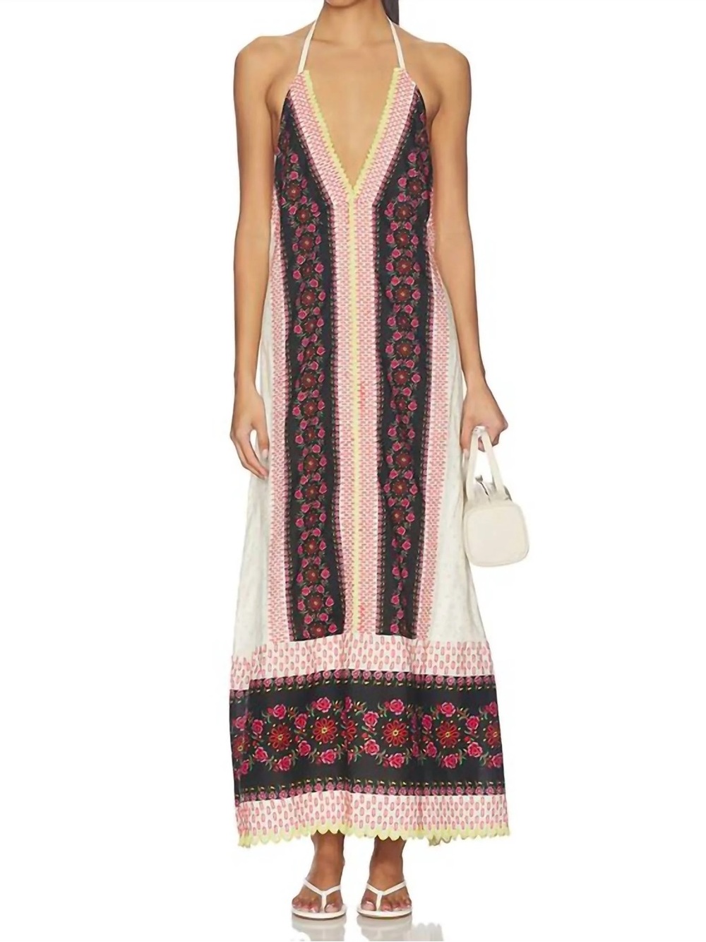 Free People Floral Panel Halter Maxi Dress in Black, Cream & Pink